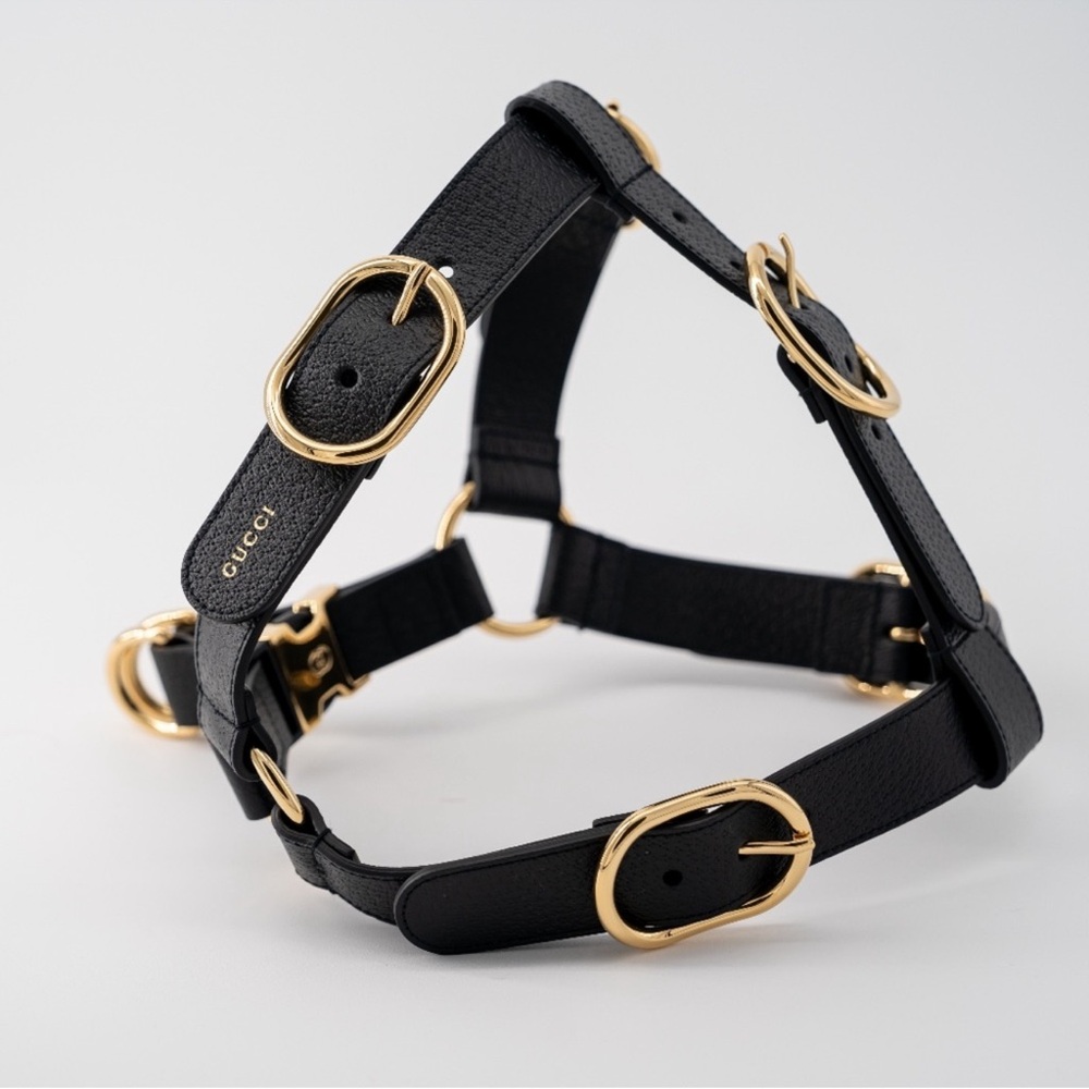 NWB Gucci GG Logo Leather Pet - Dog Black Harness Size L - Picture 2 of 16